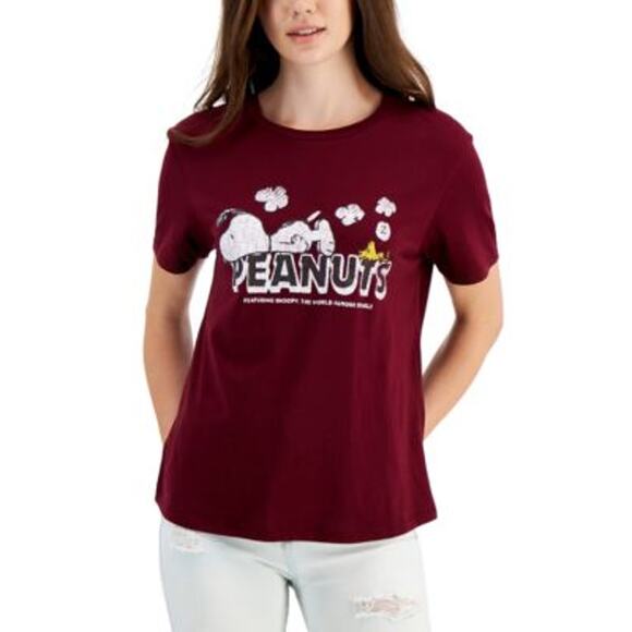 Love Tribe Juniors Peanuts Holiday Snoopy Logo T-Shirt in Zinfandel Wine Red, S - Picture 1 of 2